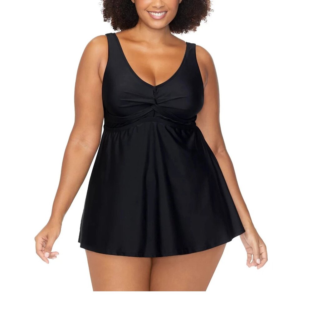 Raisins Black Lucia Swimdress Twist-Front Swimsuit One Piece Swim Dress 16W